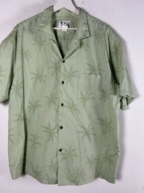 KY'S Made in Hawaii Men Shirt 2XL Green Palm Tree Print Cotton Hawaiian